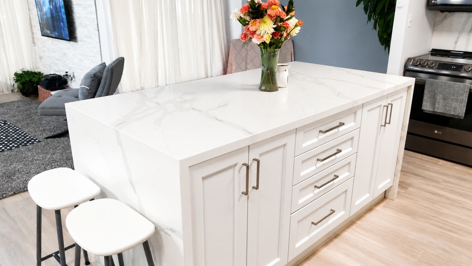 Waterfall quartz island detail in a Blackwood Kitchens custom kitchen